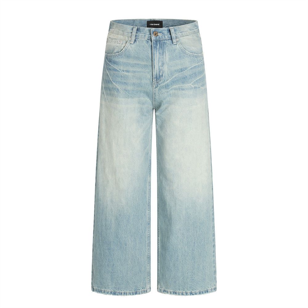 Punk Washed Denim Men's Wide-Leg Loose Vintage Frayed Hem Casual Straight-Leg Pants Trendy_mkmklike.com