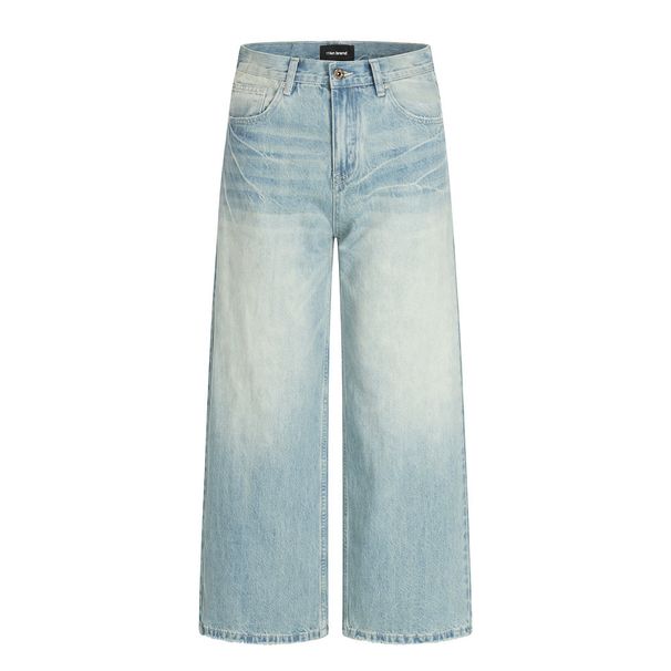 Punk Washed Denim Men's Wide-Leg Loose Vintage Frayed Hem Casual Straight-Leg Pants Trendy_mkmklike.com