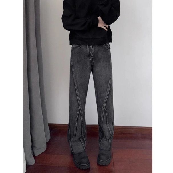 Men's Clothing Black And Gray Washed Scimitar Jeans For Men Spring And Autumn Splicing Design Flared Pants Retro Trousers Trend_mkmklike.com