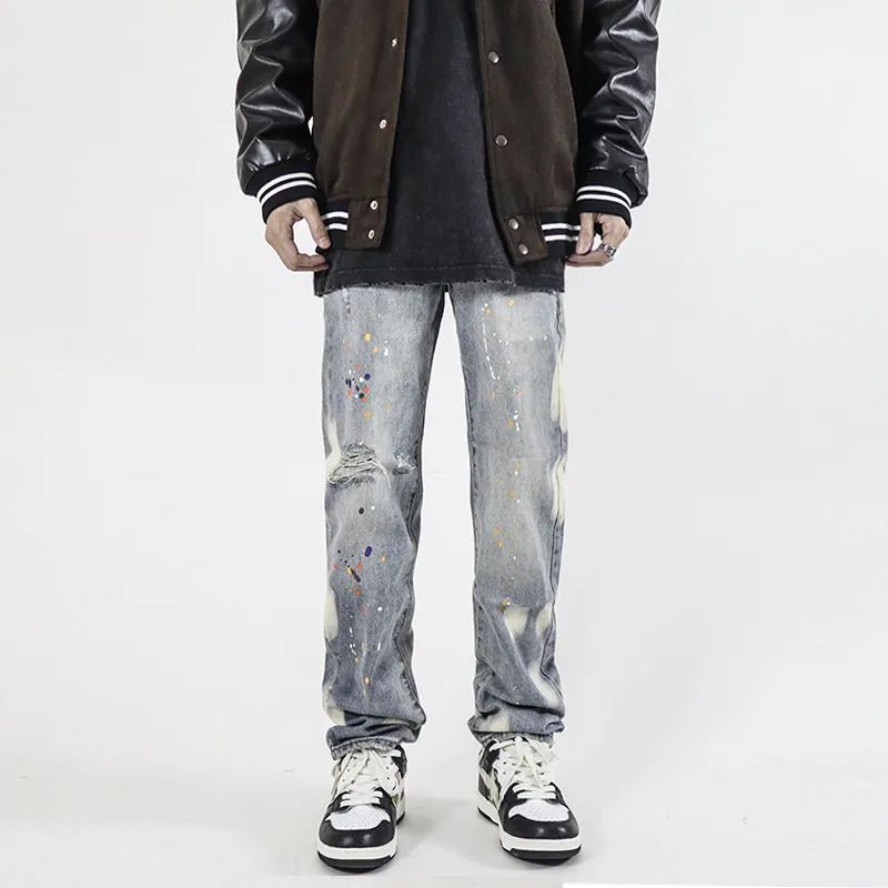 Men's Clothing Retro Washed Distressed Ink Splashed Ripped Jeans Trendy Street Hip Hop Loose Straight Casual Trousers_mkmklike.com