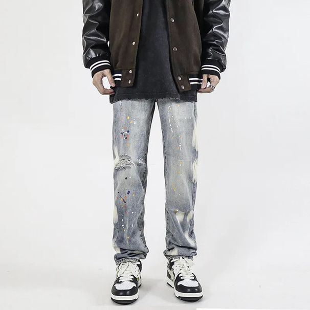 Men's Clothing Retro Washed Distressed Ink Splashed Ripped Jeans Trendy Street Hip Hop Loose Straight Casual Trousers_mkmklike.com