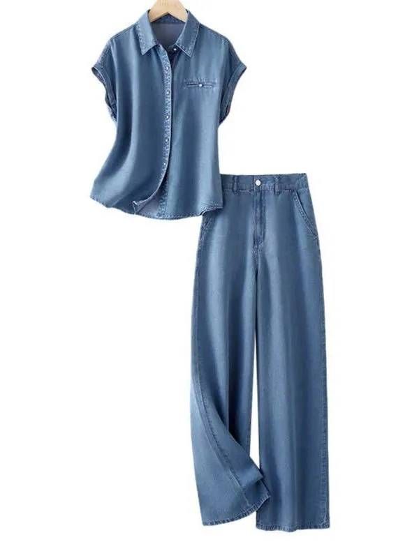 Women’s Clothing Shirt Jeans Two Piece Suit Female Summer New Waistcoat Short Sleeved Straight Trousers Suit Female_mkmklike.com
