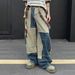 Vintage American Streetwear Washed Denim Pants Unisex Distressed Wide-Leg Jeans With Color Blocking And Curved Hem_mkmklike.com