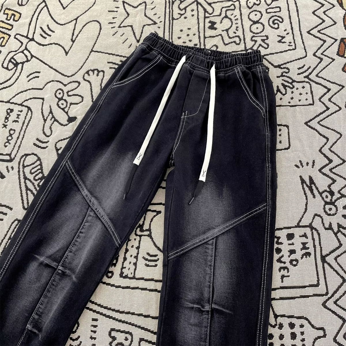Vintage Rope Detail Men's Jeans - Relaxed Fit Straight Leg Casual Trousers For Summer, Streetwear Style, Multiple Sizes (Black/Blue)_mkmklike.com