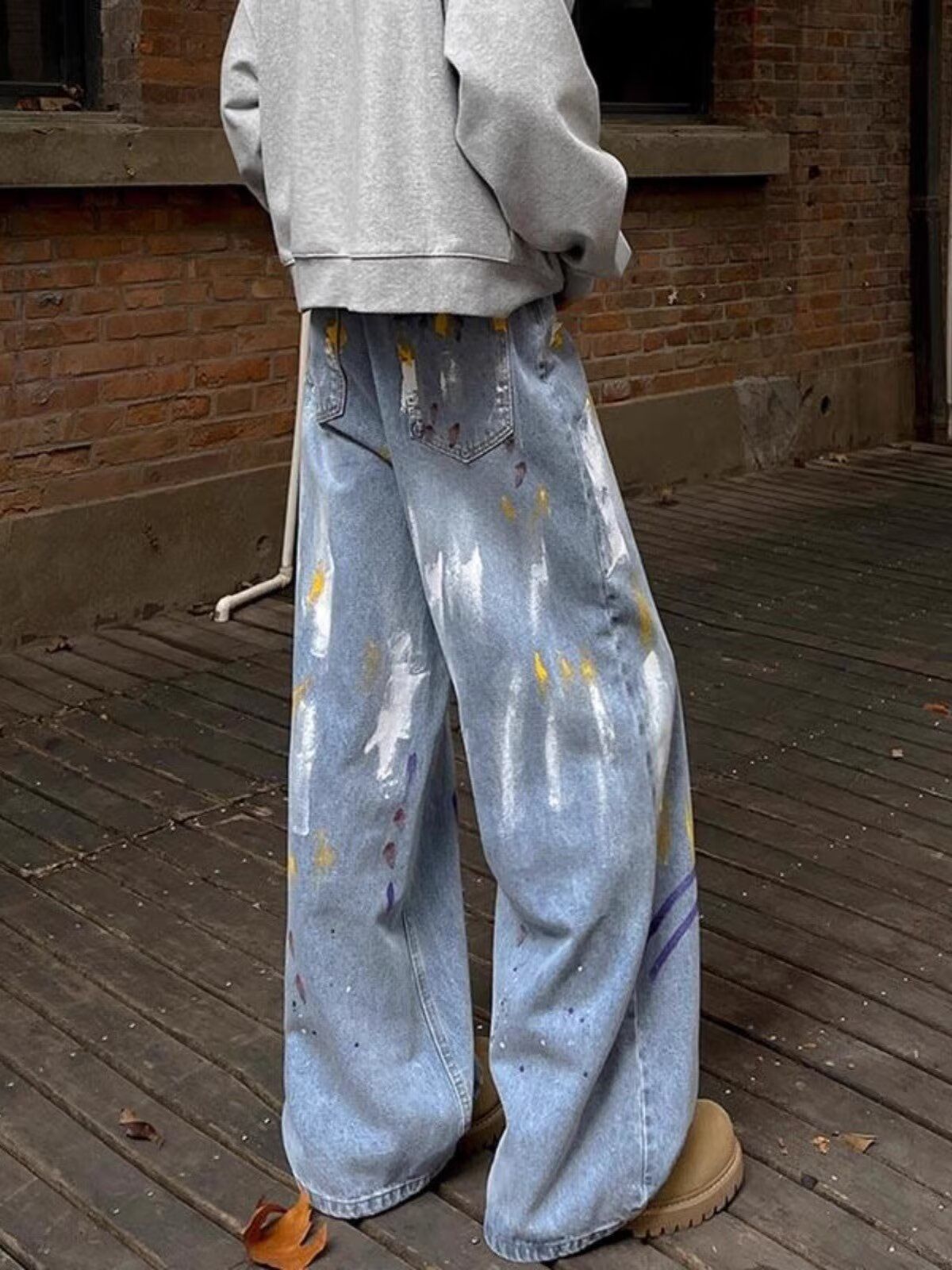 American High Street Design Graffiti Jeans Men's Trendy Brand Niche Vintage Washed Ink Splash Loose Wide-Leg Pants_mkmklike.com