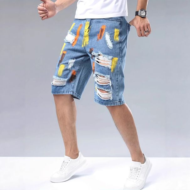Men's Distressed Denim Shorts Straight Cut Casual Summer Washed Street Style Multiple Washes_mkmklike.com