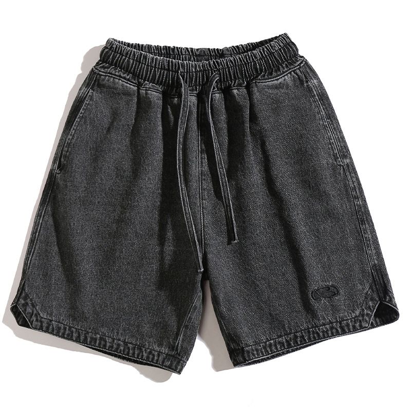 Men's Summer Trendy Denim Shorts American Style With Triangle Slits Color Blocking Embroidery Loose Casual Five-Point Pants_mkmklike.com