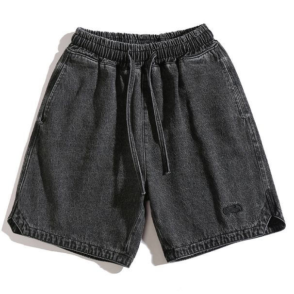 Men's Summer Trendy Denim Shorts American Style With Triangle Slits Color Blocking Embroidery Loose Casual Five-Point Pants_mkmklike.com