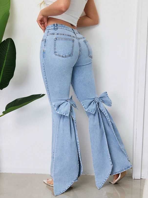 Women's Clothing European And American Retro 3D Bow Slim Fit Medium Elastic Floor Length Flared Jeans For Women_mkmklike.com