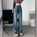Retro High-Waisted Blue Loose Straight Leg Jeans Women's Slimming Flowy Floor-Length Pants for Spring Summer_mkmklike.com