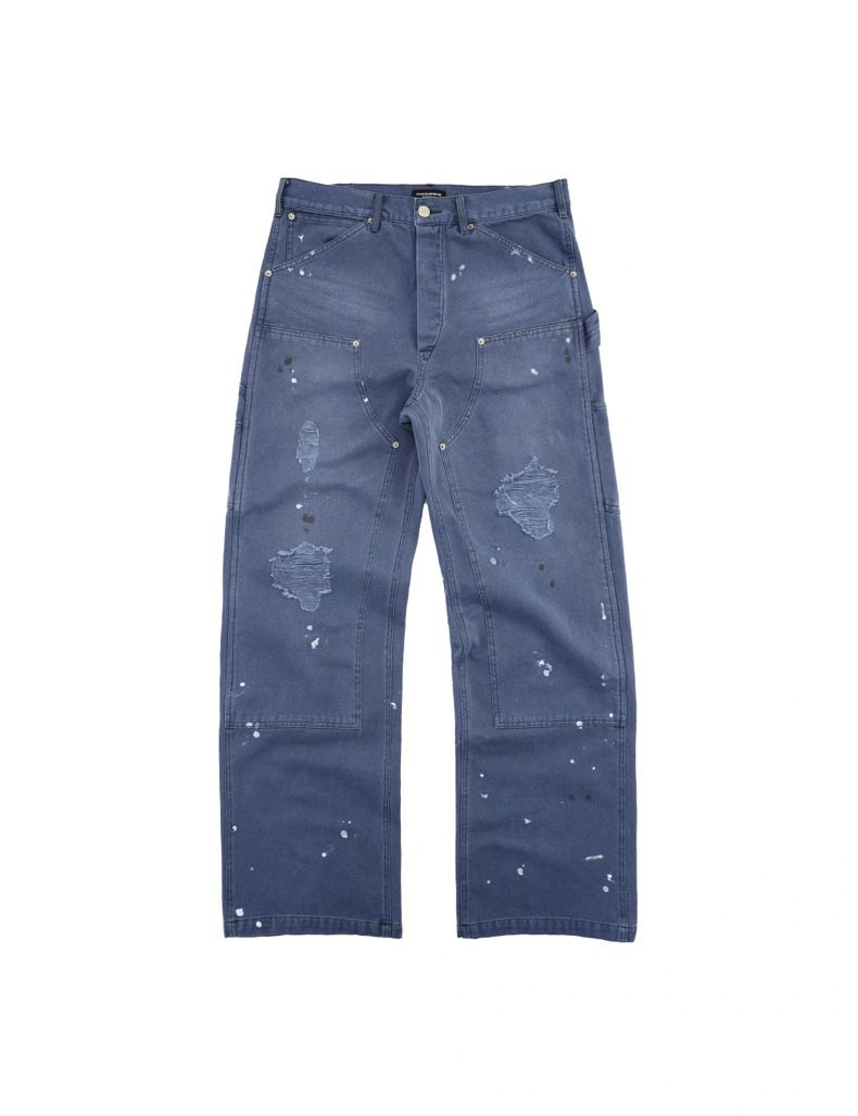 Vintage Distressed Workwear Pants - Relaxed Straight Leg French Carpenter Trousers With Paint Splatter Effect_mkmklike.com