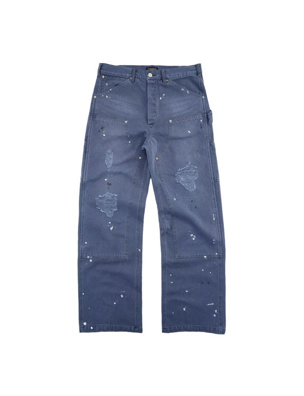 Vintage Distressed Workwear Pants - Relaxed Straight Leg French Carpenter Trousers With Paint Splatter Effect_mkmklike.com