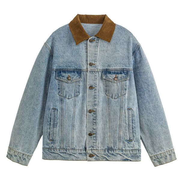 Gradient Washed Contrasting Collar Jacket For Men, Color Blocked Lapel, New Retro Vintage Casual Denim Jacket_mkmklike.com