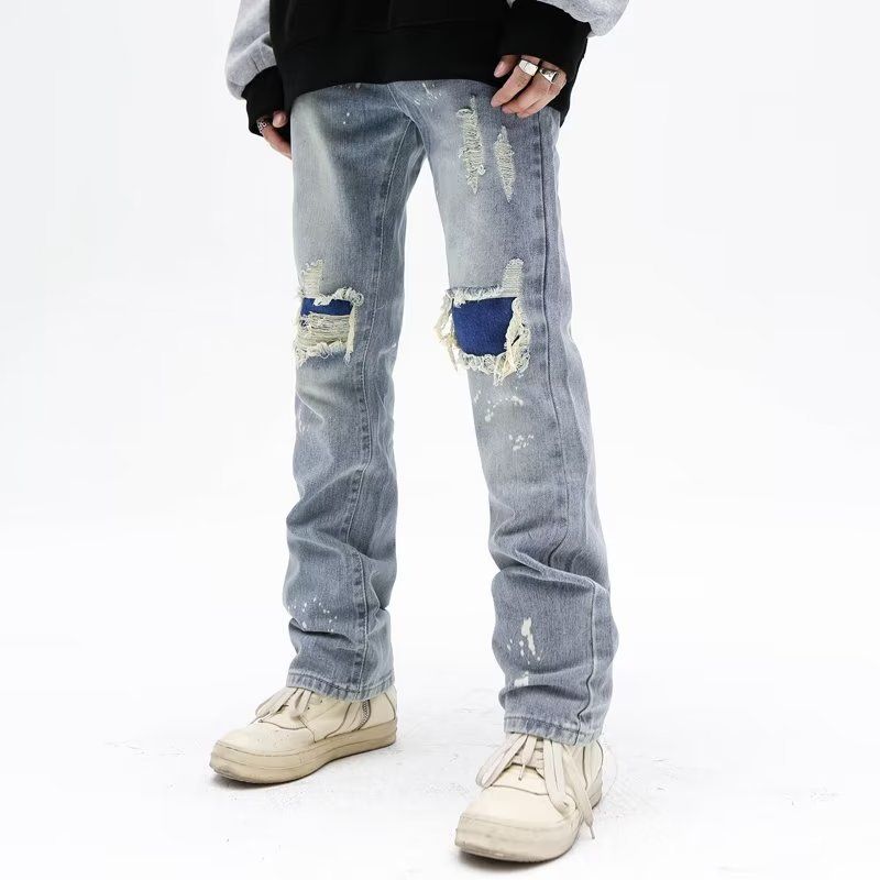 Nordmann High Street Ripped Patch Jeans Men Vintage Versatile Fit Long Trendy American Style Straight Slim Casual Pants_mkmklike.com