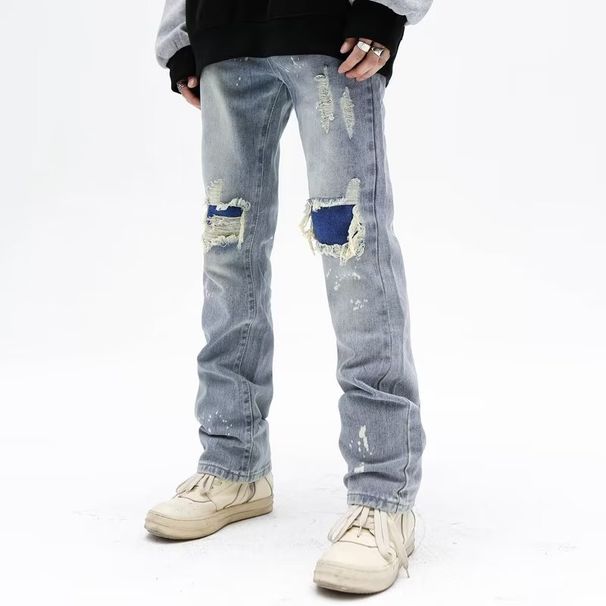 Nordmann High Street Ripped Patch Jeans Men Vintage Versatile Fit Long Trendy American Style Straight Slim Casual Pants_mkmklike.com