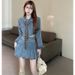 Chicco Spicy Girl Denim Set Women's New Frayed Collar Short Jacket High Waist Slimming Half Dress_mkmklike.com