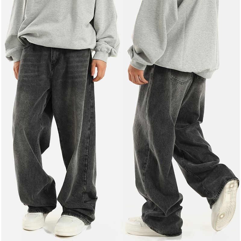 "Men's Black & Gray Wide Leg Jeans – Vintage High Street Vibe, Relaxed Fit Straight Denim Pants (Retro Wash, Oversized Silhouette, Unisex Appeal)"_mkmklike.com