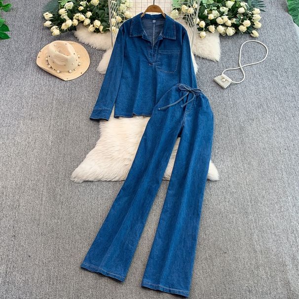 Relaxed Denim Top & Wide-Leg Pants Set | V-Neck Long Sleeve & Drawstring Waist | Comfortable Stretchy Fabric_mkmklike.com