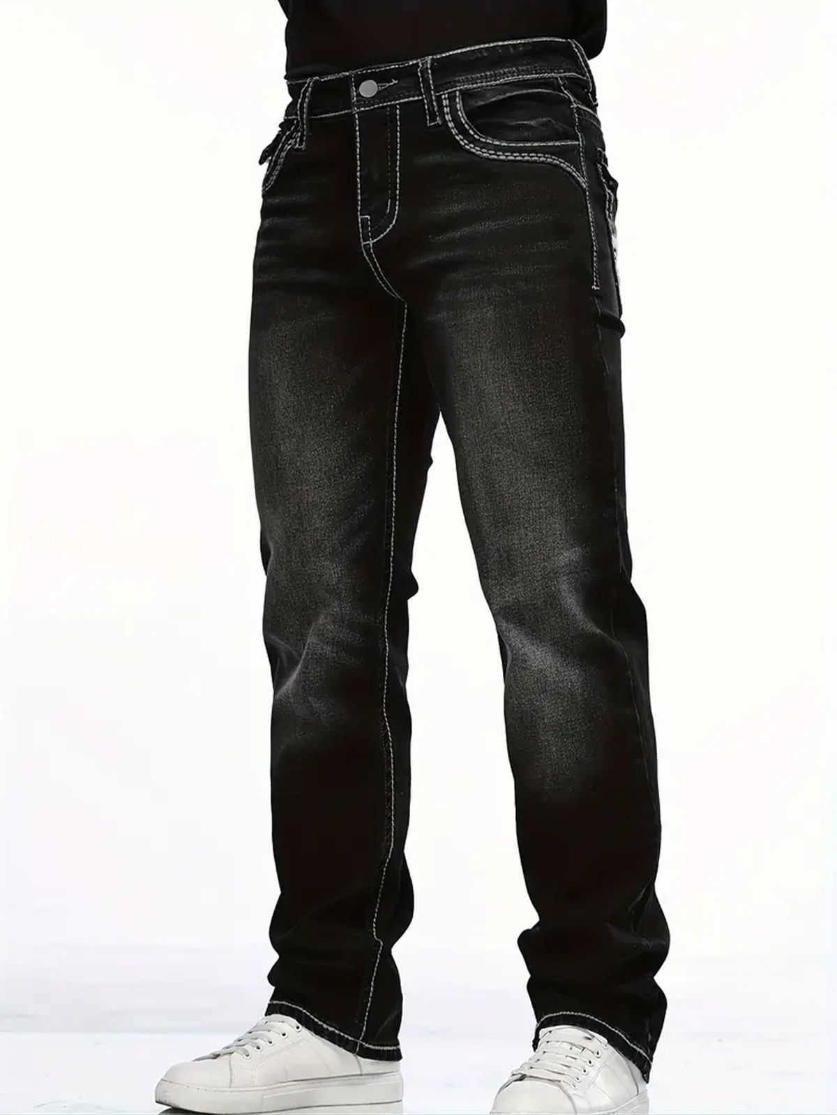 Men's Stretch Denim Jeans – Slim Fit Black Straight Leg Pants With Embroidery Details (S-2XL, All-Season Comfort)_mkmklike.com