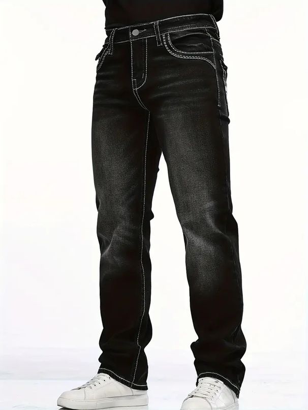 Men's Stretch Denim Jeans – Slim Fit Black Straight Leg Pants With Embroidery Details (S-2XL, All-Season Comfort)_mkmklike.com