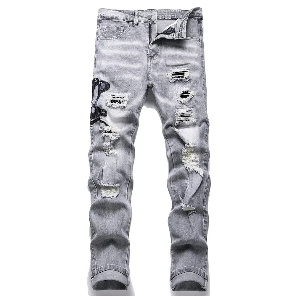 Men's Light Blue Ripped Skinny Jeans Low Waist Slim Fit Embroidered Trousers European Style High Street Trendy Long Pants_mkmklike.com