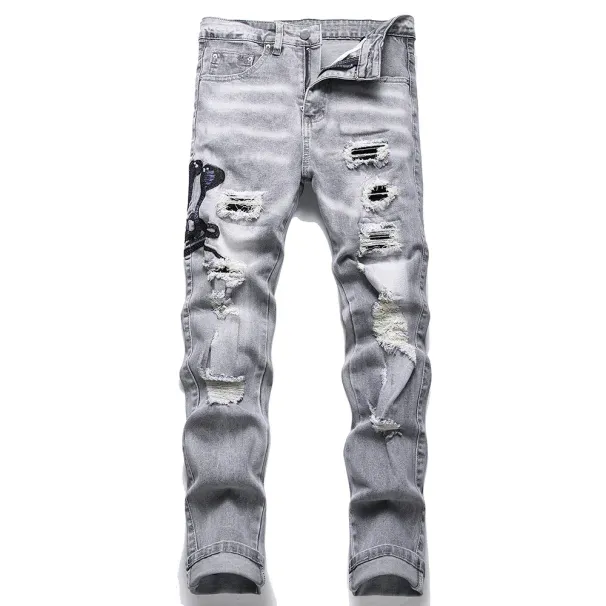 Men's Light Blue Ripped Skinny Jeans Low Waist Slim Fit Embroidered Trousers European Style High Street Trendy Long Pants_mkmklike.com
