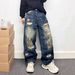 Men's Clothing Men's Trendy Distressed Splatter Painted Patchwork Straight Leg Jeans Loose Fit Wide Leg Trousers High Street Style_mkmklike.com