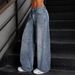 Women's Retro Wide Leg Jeans Light Blue Washed Street Style Loose Fit Workwear Floor Length with Visible Stitching_mkmklike.com