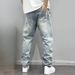 Streetwear Spray Paint Jeans - Distressed Washed Denim Pants With Graffiti Art, Straight Leg Unisex High Waist Ripped Jeans (Blue, 28-36)_mkmklike.com