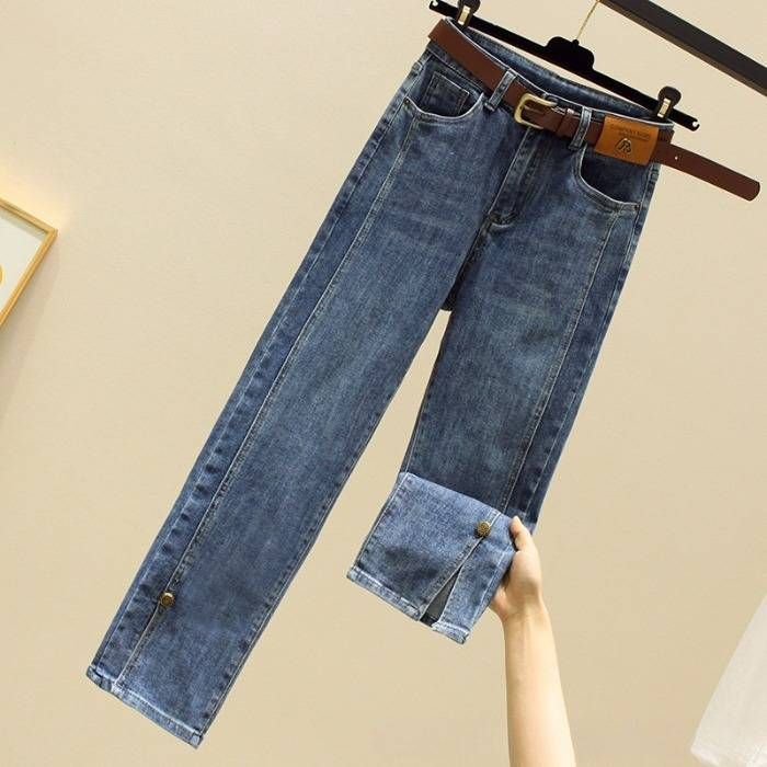 Women's High Waist Straight Leg Jeans With Slit Detail, Stretch Tapered Cropped Pants For Casual & Office Wear – Classic Blue Denim_mkmklike.com