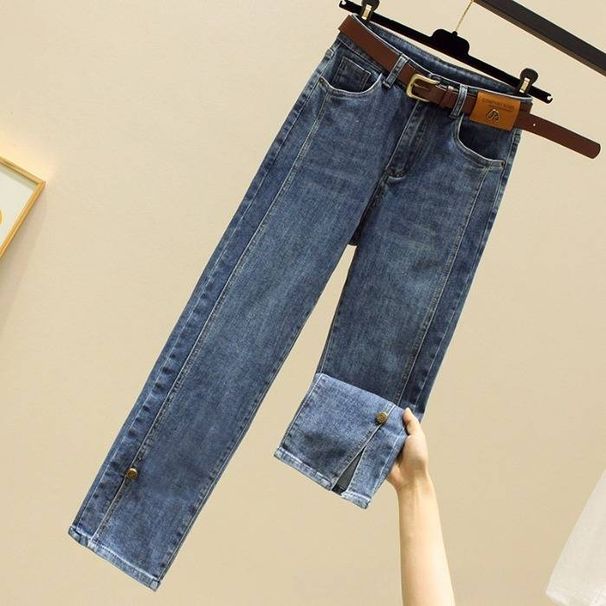 Women's High Waist Straight Leg Jeans With Slit Detail, Stretch Tapered Cropped Pants For Casual & Office Wear – Classic Blue Denim_mkmklike.com