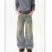 Vintage Washed Distressed Straight Leg Jeans For Men & Women – Retro Loose Fit Denim Pants With Artistic Design_mkmklike.com