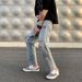 Men's Vintage Distressed Denim Jeans - Relaxed Straight Leg Wide Fit With Raw Hem & Ripped Details, Casual Streetwear For Summer_mkmklike.com