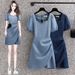 Korea Versio Plus Size Fat Mm Casual Simple Commutig Mid Legth Deim Wash Top Short Sleeved Dress For Wome's_mkmklike.com