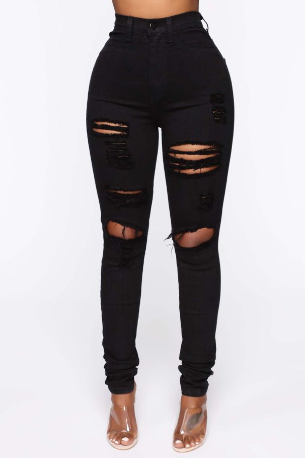 New Black And White Stretch Ripped Jeans Women's Small Leg Pants_mkmklike.com