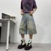 Vintage Splash-Wash Denim Shorts – Unisex Relaxed 7/10 Length, Streetwear Staple (No-Stretch, Distressed Detailing, Adjustable Drawstring)_mkmklike.com
