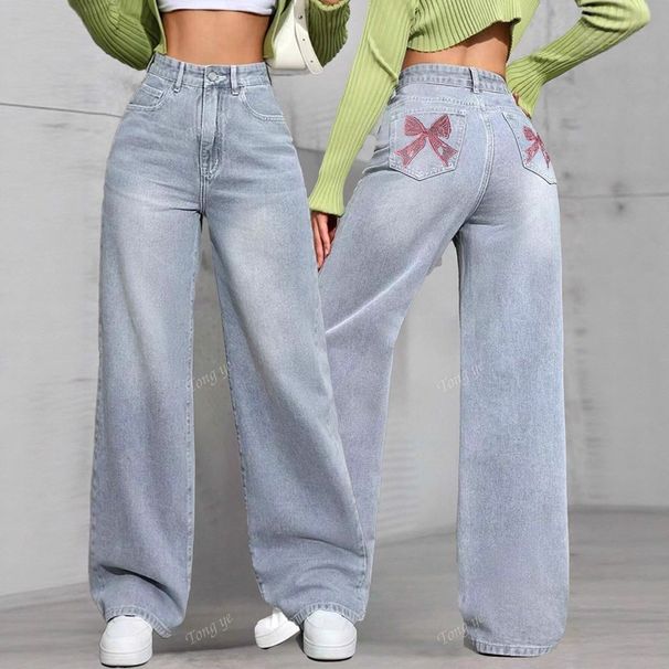 Women's Embroidered High-Waisted Jeans Slim Fit Straight Leg Floor Length Trousers New Summer Style Wide Leg Cross Border E-commerce_mkmklike.com