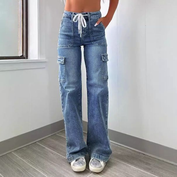Women's Utility Cargo Jeans With Adjustable Lace-Up Detail & Multiple Pockets - Straight Leg Denim Pants For Casual Streetwear (Dark Blue, Light Blue)_mkmklike.com