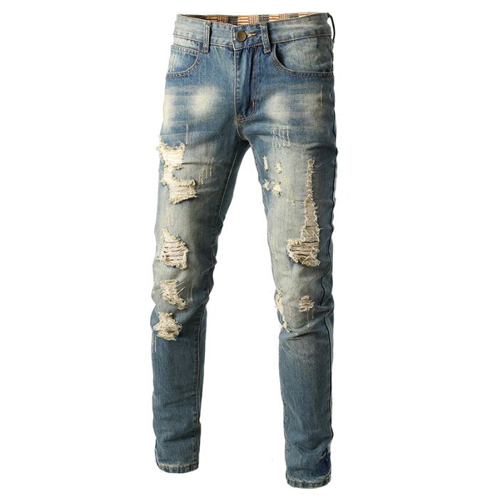 Men's Distressed Slim Straight Jeans – Vintage Washed Denim With Ripped Details, Classic 5-Pocket Design For Casual Outfits (28-40 Waist)_mkmklike.com