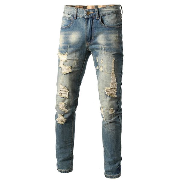 Men's Distressed Slim Straight Jeans – Vintage Washed Denim With Ripped Details, Classic 5-Pocket Design For Casual Outfits (28-40 Waist)_mkmklike.com