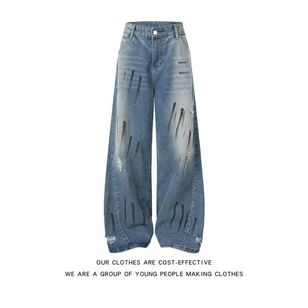Men's Retro Graffiti Wide Leg Jeans Casual Loose Straight Leg Trousers Trendy Spring New Curved Design American Style_mkmklike.com