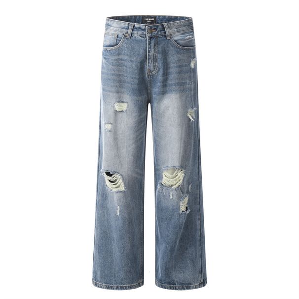 Distressed White Jeans For Men American Street Style Hip-Hop Loose Straight Long Washed Vintage Floor-Length Wide-Leg_mkmklike.com