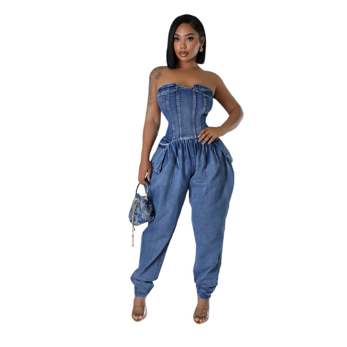 Women's Clothing Splicing Tube Top Women's High Elastic Fashion Waist Slimming Denim Jumpsuit_mkmklike.com