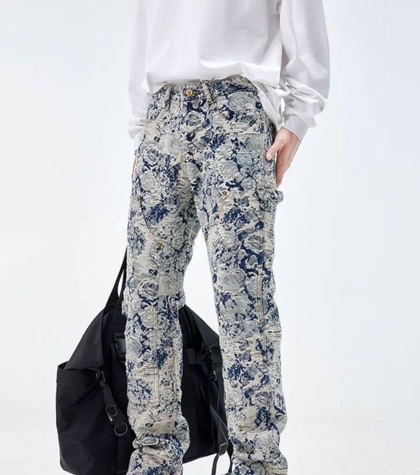 Men's Clothing High Street Old Flower Jeans Men's Fashion Brand Spring And Summer New Style Handsome Loose Straight Trousers Trend_mkmklike.com