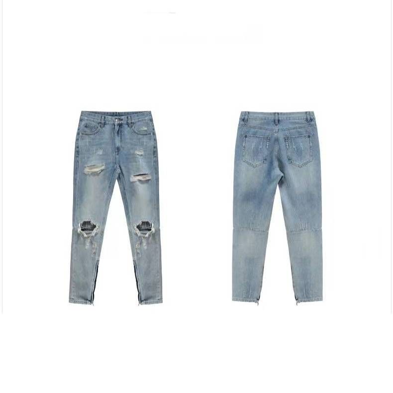 Men's Clothing Distressed Denim Jeans With Zip Ankle Detail - Vintage Washed High Street Style For Men & Women (Light Blue, S-XXXL)_mkmklike.com