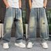 Men's Distressed Denim Jeans – Grunge Straight-Leg Pants With Vintage Wash (Blue, M-Xxxl) Retro Washed Finish_mkmklike.com