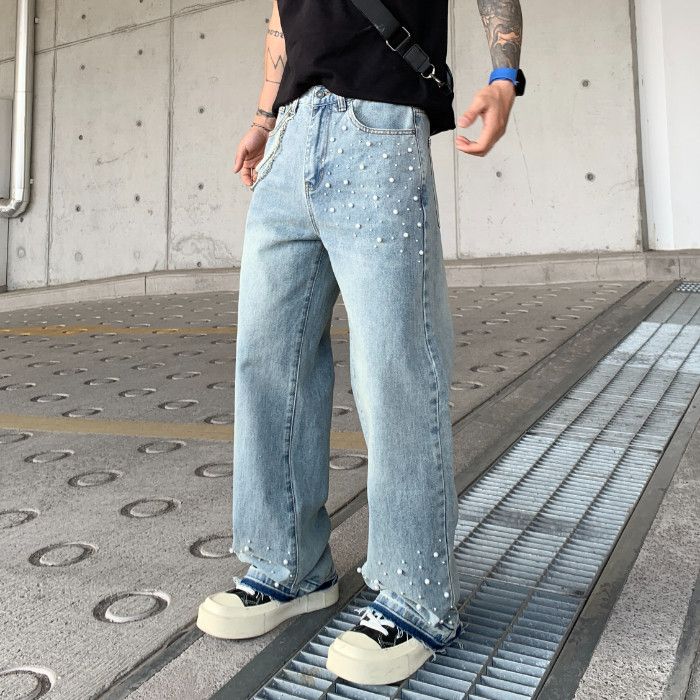 Men's Clothing Unisex Distressed Denim Jeans With Pearl Embellishments – Oversized Straight-Leg Pants (L-XXXL) | Vintage Washed Blue/Black_mkmklike.com