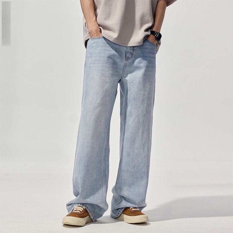 Men's Clothing Retro Loose Light Blue Straight Jeans High Street All Match Wide Leg Pants_mkmklike.com