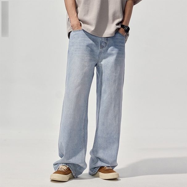 Men's Clothing Retro Loose Light Blue Straight Jeans High Street All Match Wide Leg Pants_mkmklike.com