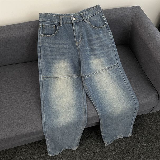 Men's High Street Washed Straight-Leg Jeans – Vintage Blue Denim Pants With Relaxed Fit (S-3XL, Classic Wash)_mkmklike.com
